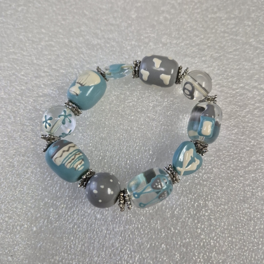Blue White Beaded Stretch Bracelet Floral Wedding Something Blue